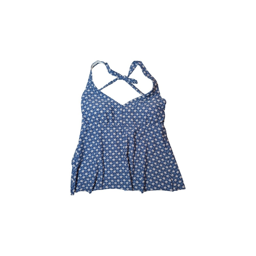 ⭐D3 Lands' End‎ Women's Geometric Flower Halter Blue & White Tankini Top L 14-16